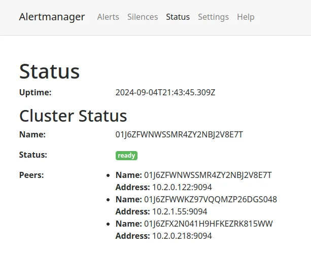 AlertManager status page showing a high-availability setup